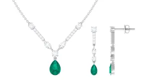 Emerald and Moissanite Drop Necklace Earrings Set